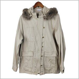 CAbi Nanook Jacket Khaki Utility Chore Coat XL Hood Removeable Fur Trim Tan 110